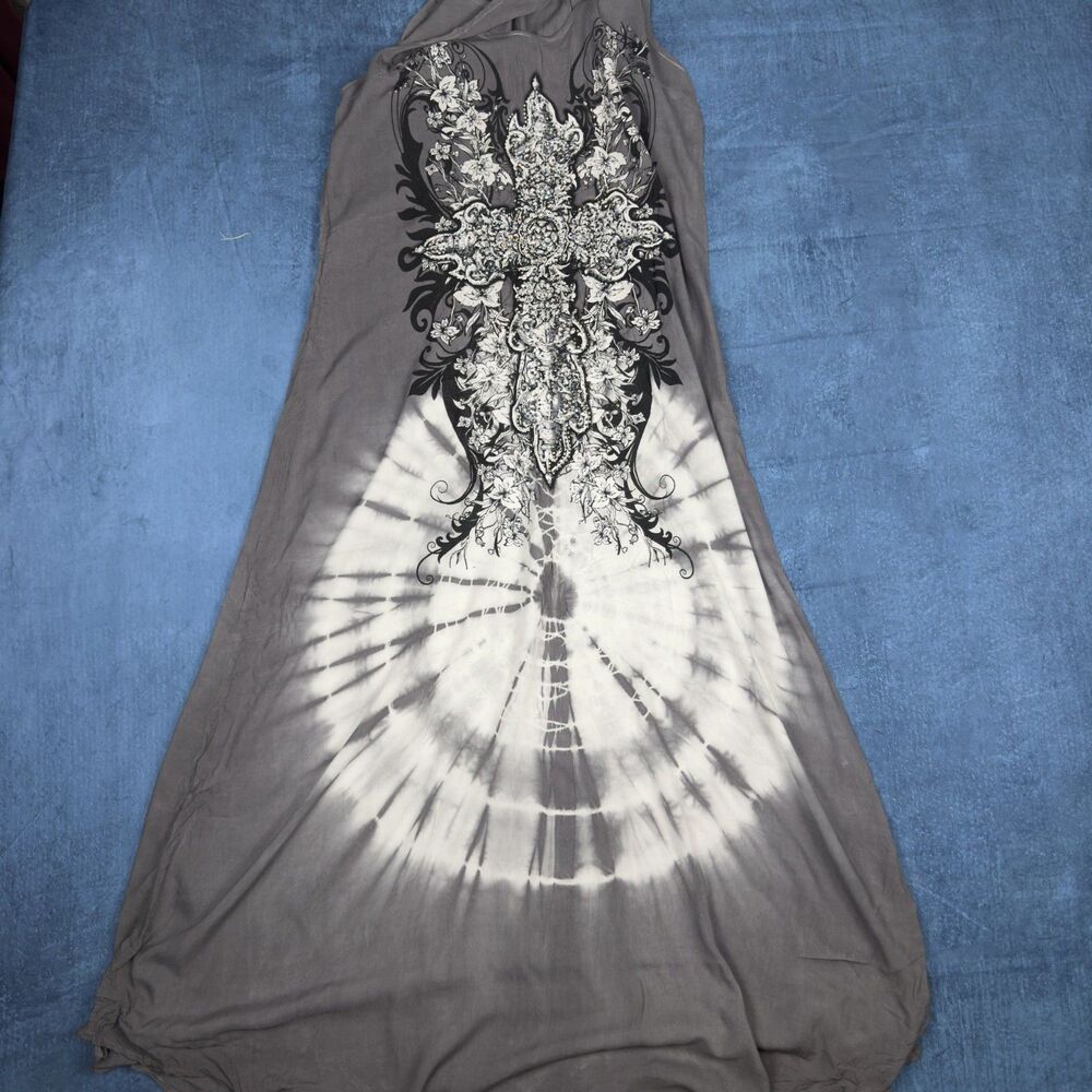 Y2K Vocal Rhinestone Cross Maxi Dress Gray Tie Dye Made in USA